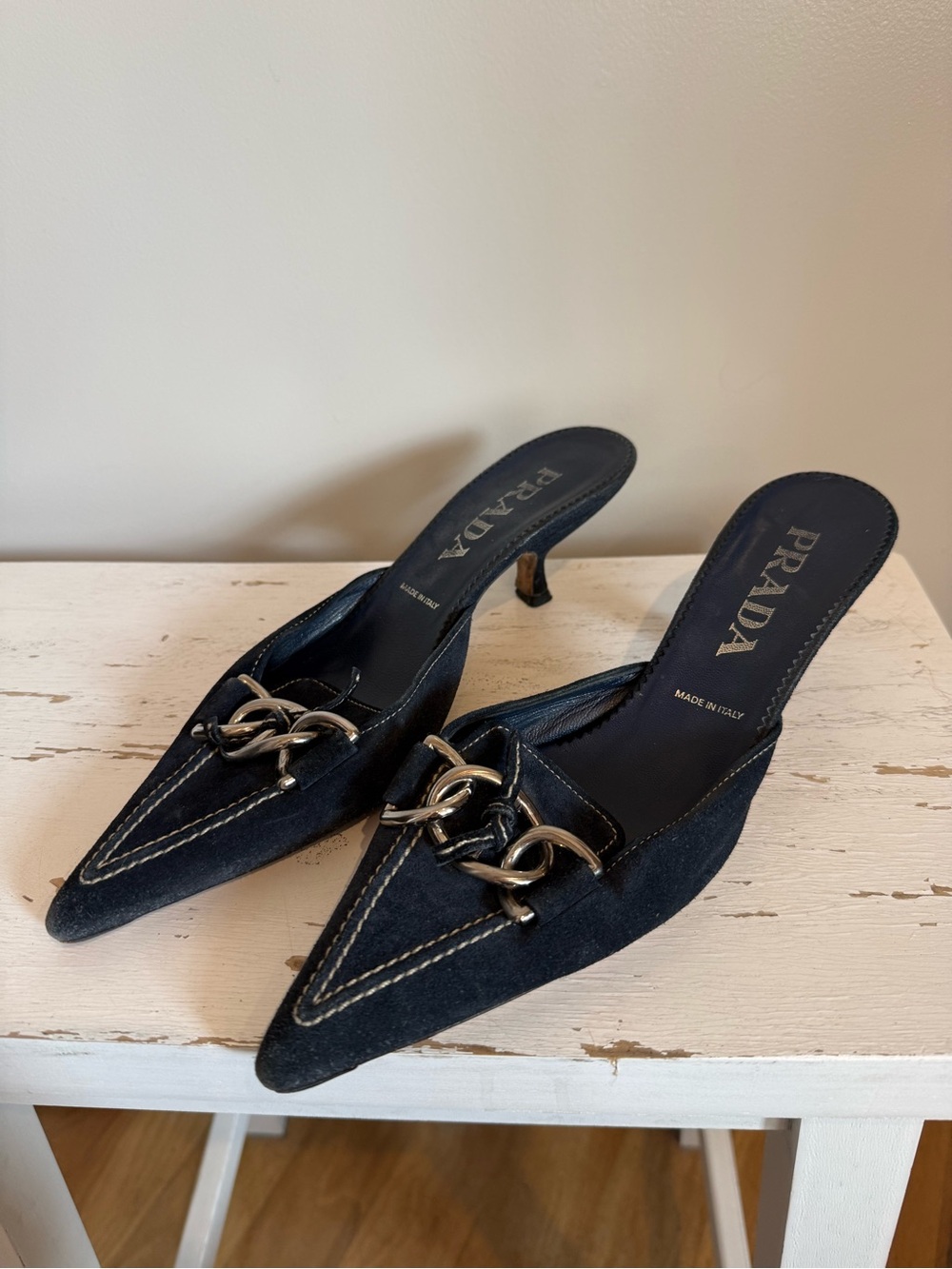 Prada Navy Suede Pointed Mule Heels with Chain Detail